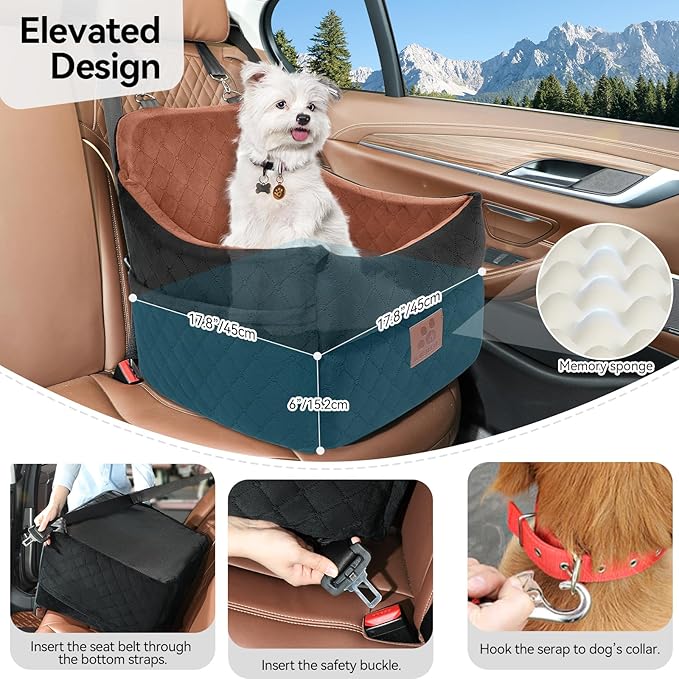 Dog Car Seat for Small/Medium Dogs, Dog Booster Car Seats with Thick Cushion for Dogs Under 35 lbs, Detachable Washable Pet Carseat with Storage Pockets, 2 Safety Belts(Black/Brown)