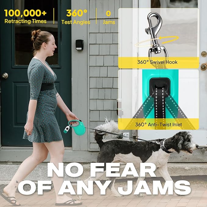 Fida Retractable Dog Leash with Dispenser and Poop Bags, 16 ft Pet Walking Leash for Large Dog up to 110 lbs, Anti-Slip Handle, Tangle-Free, Reflective Nylon Tape (L, Teel)