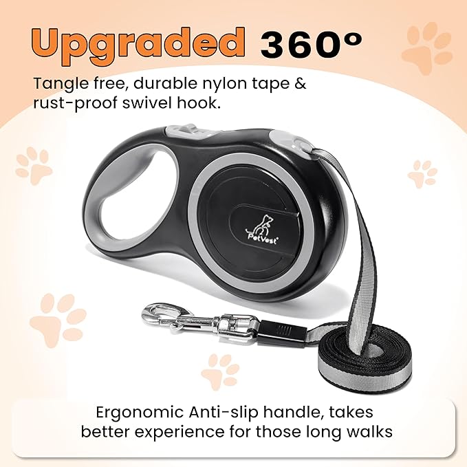 Retractable Dog Leash – Extendable up to 16 FT, Heavy Duty Nylon Tape, No-Tangle, One-Handed Brake & Lock, for Small to X-Large Dogs up to 44 lbs (Black)