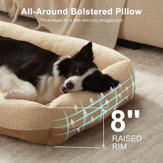 FURTIME Washable Dog Bed Medium Large Size Dogs, Rectangle Comfy Fluffy Pet Bed, Removable Zipper Cover Machine Wash, Soft Orthopedic Bed Durable Pet Cuddler with Anti-Slip Bottom, 30"x24"x8", Beige