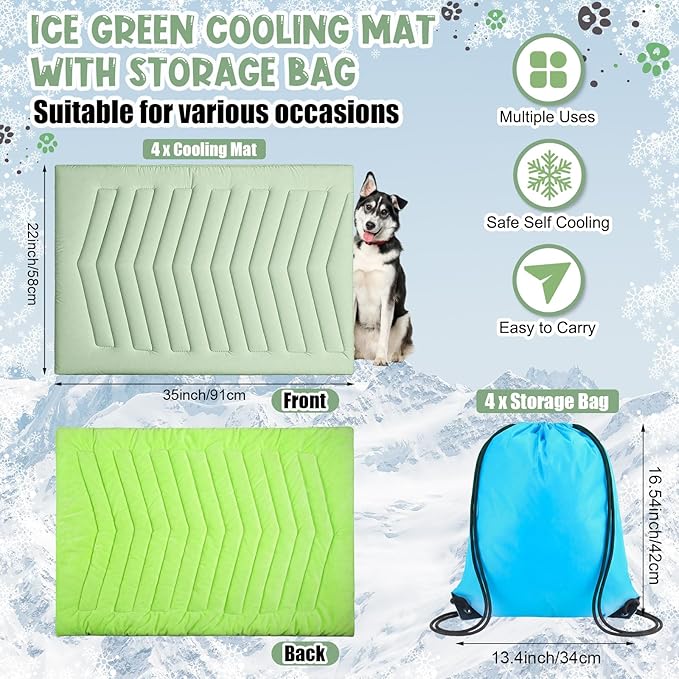 Tinideya 4 Pack Dog Cooling Mats with Storage Bags 35"x22" Ice Green Cooling Mat for Dogs Cats Washable Foldable Pet Self-Cooling Mat and Sleeping Pad for Summer Crate Bed Indoor and Outdoor Floor