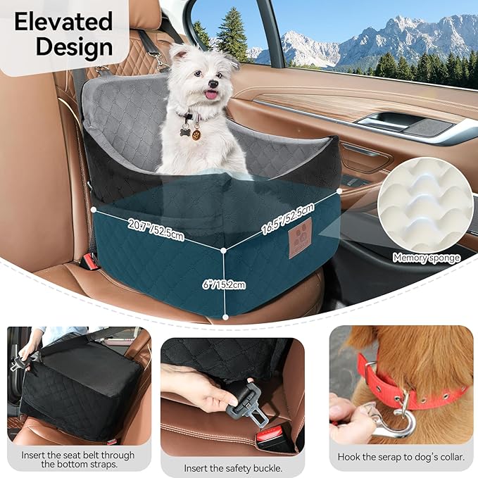 Dog Car Seat for Small/Medium Dogs, Dog Booster Car Seats with Thick Cushion for Dogs Under 35lbs, Detachable Washable Pet Carseat with Storage Pockets, 2 Safety Belts(Black/Grey)