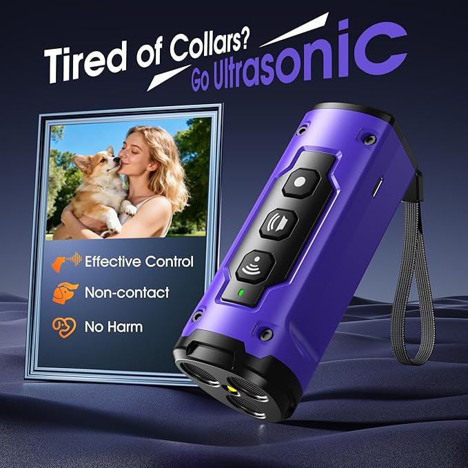 1-Touch Dog Bark Deterrent Devices with 3 Sonic Heads,Portable 50ft Range Anti Barking Device for Dogs,Rechargeable & Safe Dog Training Tool with Flashlight,Helps Improve Dog's Behavior Purple