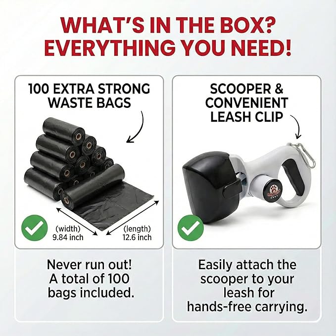 Dog Poop Scooper Comes with 100 Poop Bags for Dogs & Leash Clip - Portable Pooper Scooper for Dogs, Small & Medium Size Pets–Strong Waste Bags Dispenser for Easy Waste Cleanup, Outdoor Dog Poop Scoop