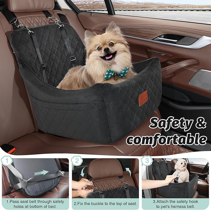 Dog Car Seat for Medium Dogs Up to 40lbs,Fully Detachable and Washable,Memory Foam Covered Soft Fabric,Easy to Install with Adjustable Straps,Anti-Slip Base,Two Side Pockets(Black,Medium)