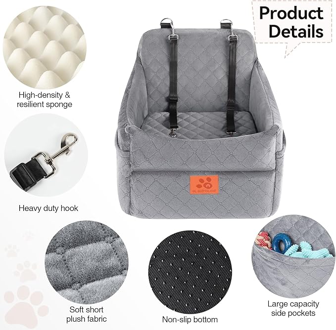 Dog Car Seat for Small/Medium Dogs, Dog Booster Car Seats with Thick Cushion for Dogs Under 35lbs, Detachable Washable Pet Carseat with Storage Pockets, 2 Safety Belts