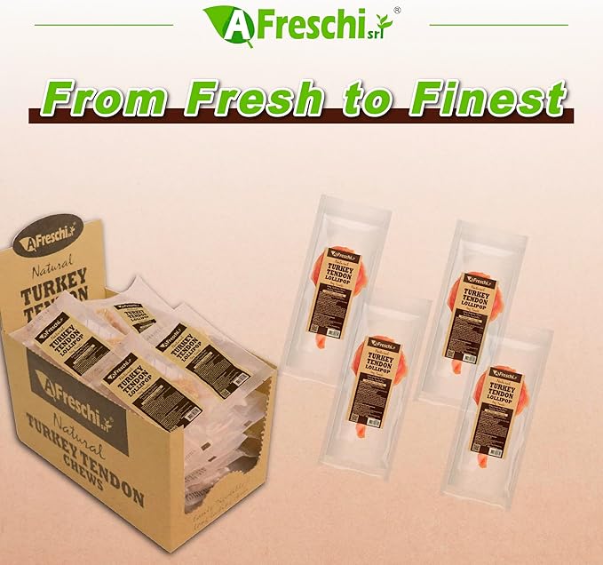 A Freschi srl Turkey Tendons for Dogs, Long-Lasting, Hypoallergenic Rawhide Alternative, Human Grade, Healthy Puppy Chews, Natural Dog Treats for Small Dogs, Lollipop (S), 4 Count Pack