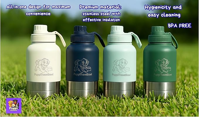 PuppiTravelBowl 3-in-1 Portable Dog Water & Food Bottle, 32oz Leak-Proof Travel Bowl for Pets – Green