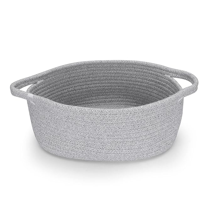 XUANGUO Small Woven Basket Cute Oval Cotton Rope Gifts Basket with Handle Empty Baby Wicker Storage Baskets Nursery Box Bin Kids Organizer Cat Dog Toy Baskets Easter Baskets Grey