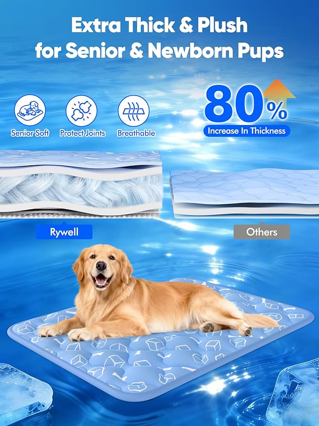 Rywell Dog Cooling Mat 2.0,44 * 32 Thicken Cooling Mat for Extra Large Dog, Internal Waterproof& Endothermic Color Changing Arc-Chill Cool Fiber(QMAX>0.5) for Pet in Summer, Washable, Non-Toxic