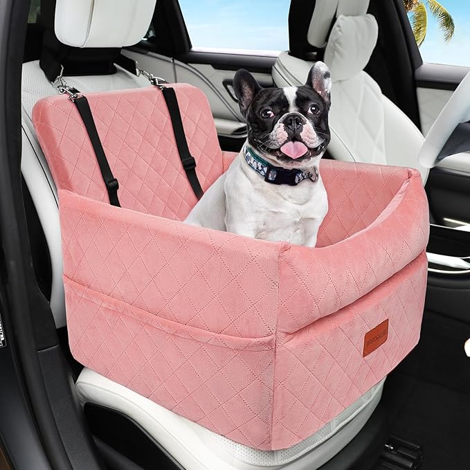 Dog Car Seat for Small Medium Dogs, Memory Foam Puppy Dog Booster Seat with Thick Cushion for Dogs Under 35lbs, Detachable Washable Pet Car Seat Travel Bed with Storage Pockets,2 Safety Belts