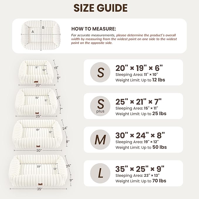 Washable Dog Bed for Small Medium Dogs - Rectangle Orthopedic Corduroy Fleece Pet Bed with Removable Cover and Nonskid Bottom, Calming Puppy Bed Soft Pet Sofa, Cream(30x24x8inchs)