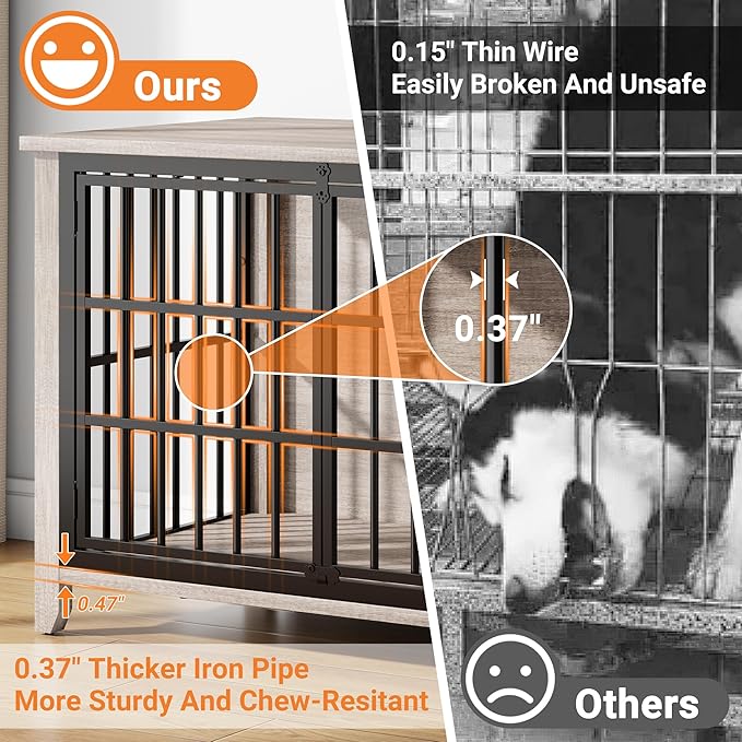 YaFiti 37.7" Dog Crate Furniture, Wooden Dog Kennel Indoor with 360° Rotating Feeder and 2 Adjustable Bowls, Multi-Functional Decorative Side End Table Dog Cage for Medium Dogs, Grey