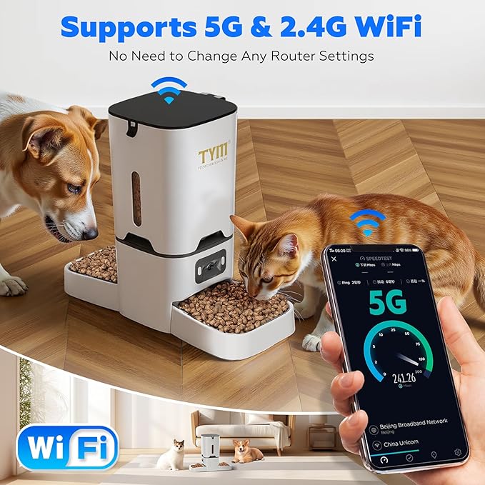 TYM Automatic Cat Feeder with 2 Camera for 2 Cats,7L Dog Automatic Feeder with Night Vision 2K 4MP 5G WiFi Dual Cat Feeder with Smart App Two Way Audio Privacy Masking Stainless Steel