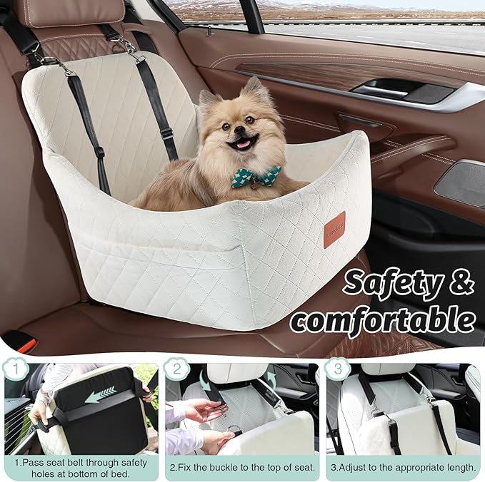 Dog Car Seat for Medium Dogs Up to 40lbs,Easy to Install with Adjustable Straps,Anti-Slip Base,Fully Detachable and Washable,Soft Fabric Fill in Memory Foam,2 Side Pockets(Beige,Medium)