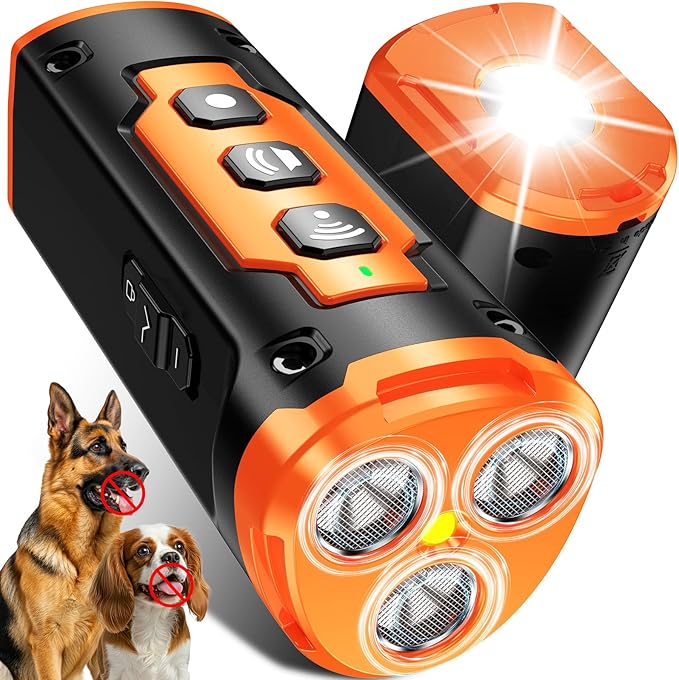 1-Touch Dog Bark Deterrent Devices with 3 Sonic Heads,Portable 50ft Range Anti Barking Device for Dogs,Rechargeable & Safe Dog Training Tool with Flashlight,Helps Improve Dog's Behavior Orange