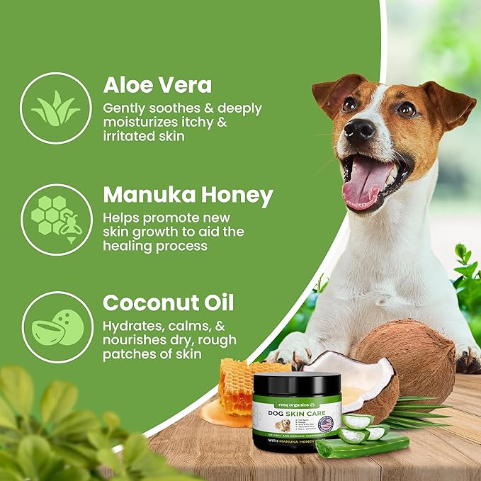 Hot Spot Treatment for Dogs - Pet Wound Care, Healing Ointment for Pets Itchy Skin Relief, Dry Skin Treatment, Natural Allergy Relief, Dog Paw Balm + Manuka Honey, Aloe Vera, Vitamin E (4 Oz.)