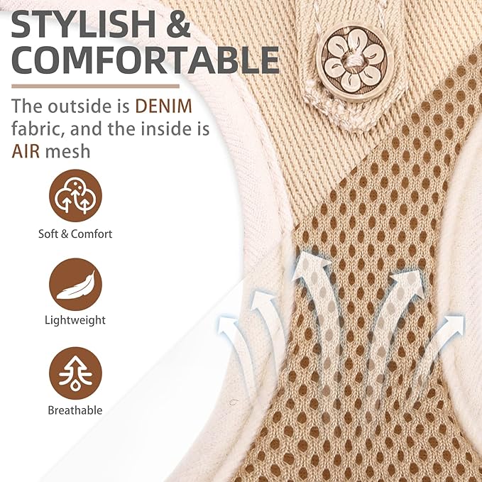 PUPTECK Dog Harness and Leash Set for Small Medium Dogs No Pull Step-in Soft Mesh Puppy Cat Vest Harnesses Reflective at Night, Denim Beige L