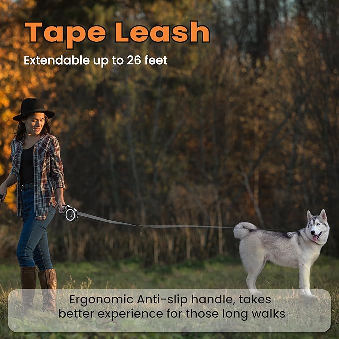 Retractable Dog Leash – Extendable up to 16 FT, Heavy Duty Nylon Tape, No-Tangle, One-Handed Brake & Lock, for Small to X-Large Dogs up to 44 lbs (Black)