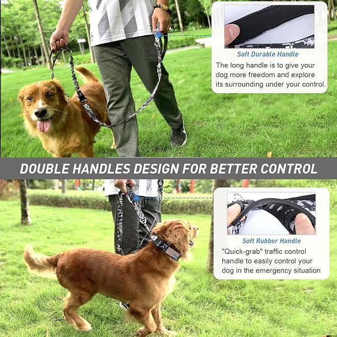Hotsky Tactical Dog Leash Heavy Duty,4-6Ft Strong Bungee Shock Absorbing Lead with Padded Double Handle,Car Seatbelt,Metal Carabiner Clip,No Pull Leash for Small Dogs,ACU