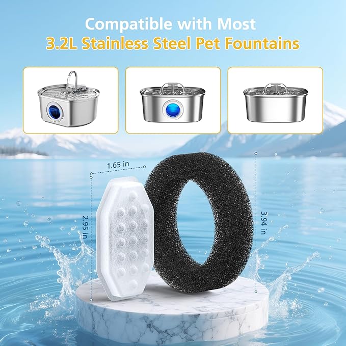 50 Pack Cat Fountain Replacement Filters for Rellaty & Neareal Stainless Steel 108oz/3.2L Adjustable Water Flow Pet Water Fountain(25 Filters & 25 Sponges)
