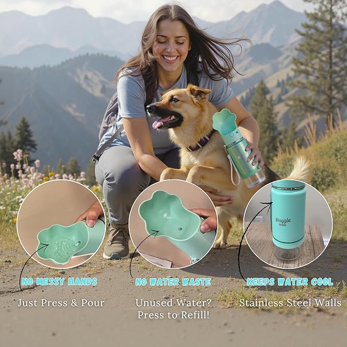 Waggle Bottle Stainless Steel Dog Travel Water Bottle, Vacuum Insulated Portable Dog Water Dispenser, Large Bottle with Drink Cup On The Go, Outdoor Walking, Hiking, Travel (Mint, 22oz)