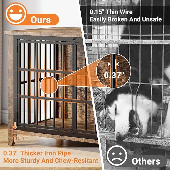 YaFiti 37.7" Dog Crate Furniture Set of 2, Wooden Dog Kennel Indoor with 360° Rotating Feeder and 2 Adjustable Bowls, Decorative Side End Table Dog Cage for Medium Dogs, Rustic Brown