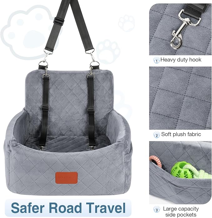 Dog Car Seat for Small Dogs Under 30lbs,Comfy & Safe Travel Bed with Washable Cover,2 Clip-On Safety Leashes and Pockets,Anti-Slip Base,Easy to Install(Grey)