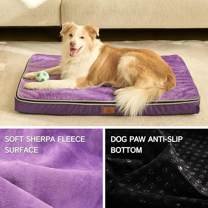 Memory Foam XL Dog Bed - 4” Thick Orthopedic Beds for Extra Large Dogs - Waterproof Dog Bed with Removable Washable Cover & Wrap-Around Zipper - Ultimate Comfort and Easy Maintenance, Purple