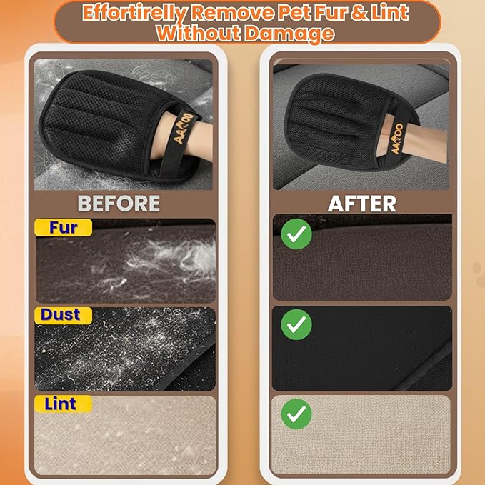 Pet Hair Removal Glove for Cats & Dogs with Silicone Pet Toothbrush – Reusable Magic Brush – Five-Finger Electrostatic Pet Hair Remover Glove for Laundry, Couch, Carpet & Car Seat