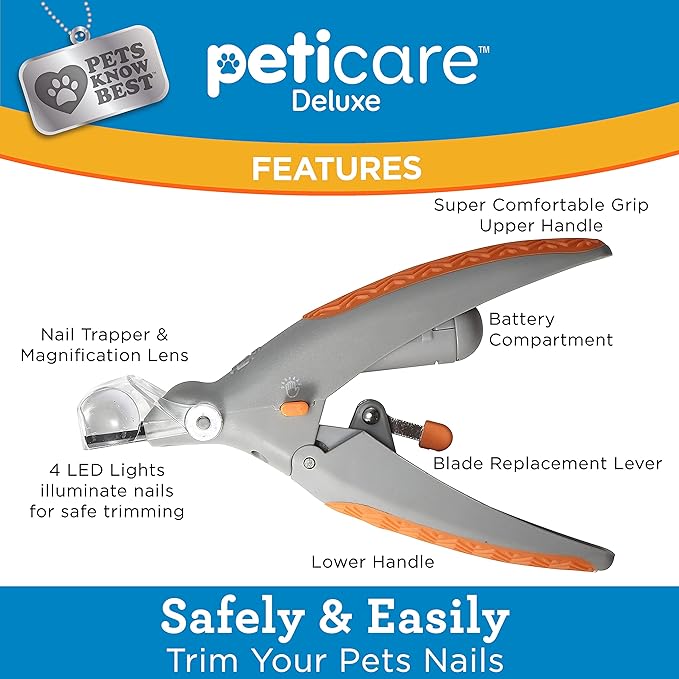 PetiCare Illuminated Dog & Cat Nail Clipper with LED Light & 5X Magnification for Safe, Precise Trimming | Pet Nail Cutter for Small & Large Breeds | Easy-to-Use Grooming Tool for Pets