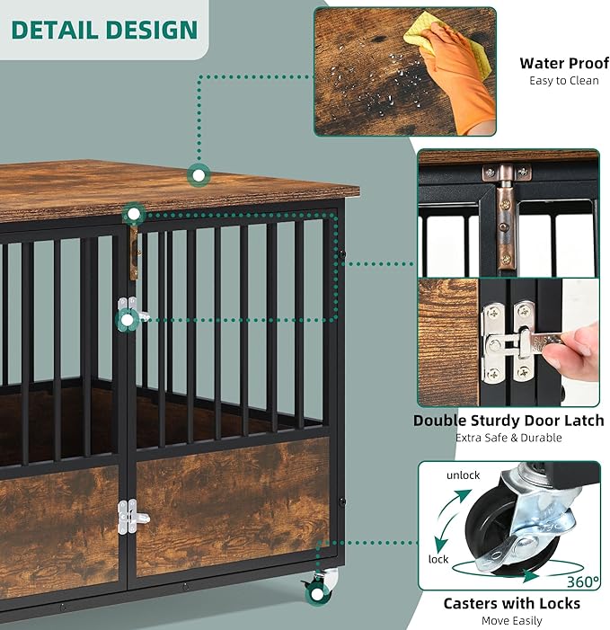 YITAHOME 43" Dog Crate Furniture with Wheels, Wooden Side End Table, Double-Doors Dog Kennel Indoor for Small/Medium/Large Dogs, Escape Proof Dog House Dog Cage, Rustic Brown