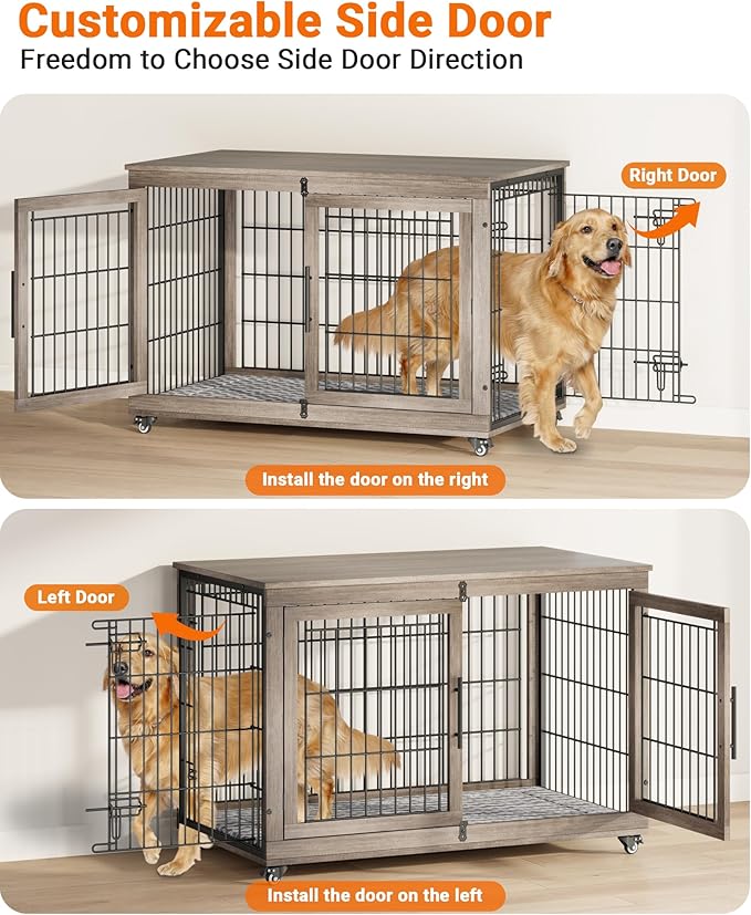 YaFiti Dog Crate Furniture with Cushion Set of 2, Wooden Dog Kennel Indoor with Double Doors, Dog Cage with Wheels, Dog House Side End Table for Large Dogs up to 85 lb, 44" L, Grey
