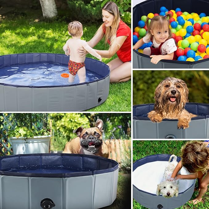 Foldable Dog Pool, Portable Pet Bath Tub and Kiddie Swimming Pool, Collapsible Bathtub for Puppies, Small, Medium and Large Dogs, Cats and Kids, 32 x 8 in, Gray