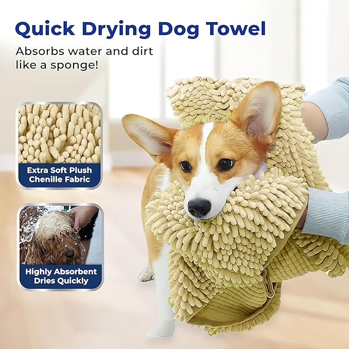 Muddy Mat Doggy Dryer, Highly Absorbent Microfiber Washable Dog Shammy Quick Drying Towel Absorber - Extra Soft Plush Wrap Chenille Bath Towels to Dry Soggy Large Pets & Small Puppy-Beige 15"x38"