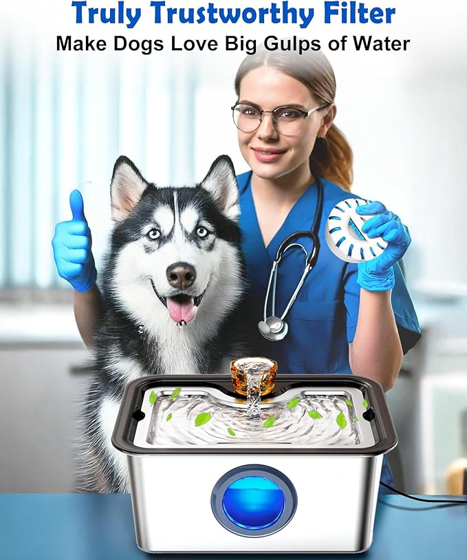 3Gal Dog Water Fountain SS304,Large Ultra-Purification Cat Drinking Dispenser with Visual Window,Widely Drinking Area,Deep Purification Filter,Triple Waterfall Structures,Low Water Indicator