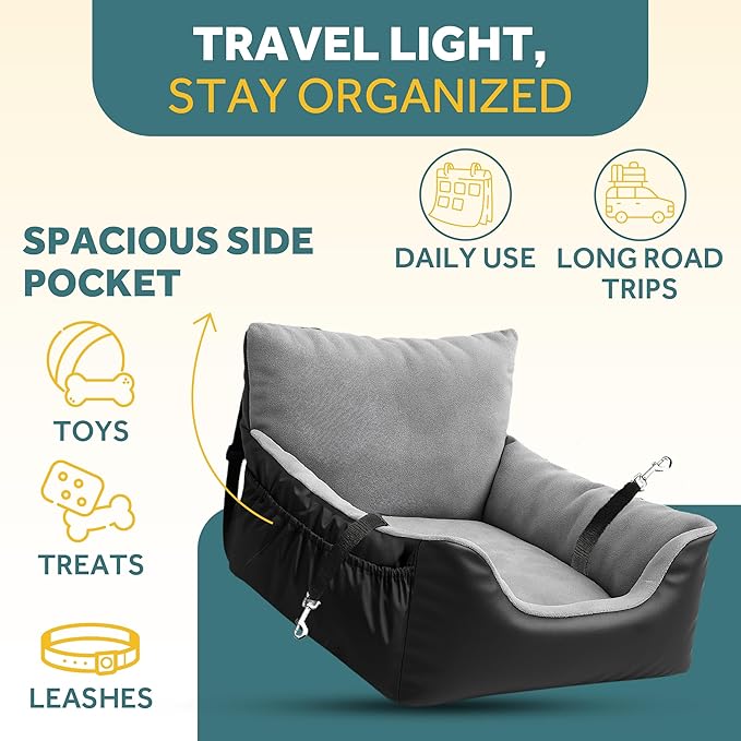 JOTADE Dog Car Seat Booster for Small & Medium Dogs Up to 35 lbs – Washable Elevated Pet Travel Seat, Clip-on Dual Safety Straps & Extra Cushion Cover, Easy Install Secure Car Seat for Dogs