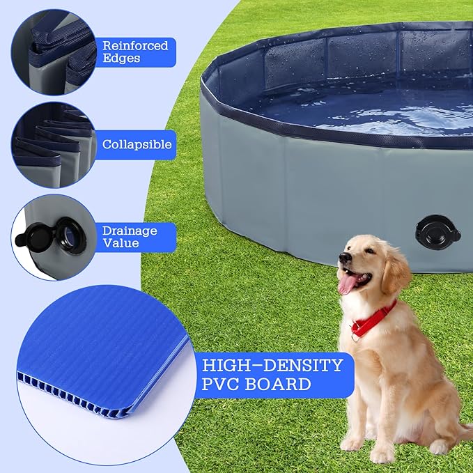 Foldable Dog Pool, Portable Pet Bath Tub and Kiddie Swimming Pool, Collapsible Bathtub for Puppies, Small, Medium and Large Dogs, Cats and Kids, 39.5 x 12 in, Gray