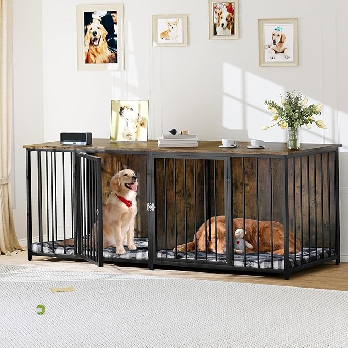 YITAHOME Double Dog Crate Furniture, 80.2 inch Large Breed Dog Kennel with Divider, Heavy Duty Dog House TV Stand Indoor for 2 Medium Dogs, Brown
