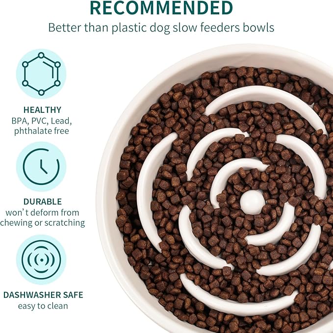 White Ceramic Slow Feeder Dog Bowl for Medium and Large Breed,Elevated/Raised 1.5 Cup 8.26 in Slow Feeding Bowl,Puzzle Dog Food Bowl for Fast Eater,Maze Dish for Fast Eater