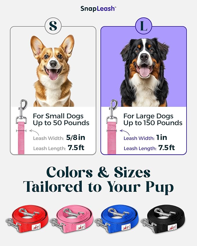 Hands-Free Dog Leash Training Running Snapleash, Waist & Shoulder Lead for Walking, Traffic Lead, Dual Pet Leash Adjustable for Large, Medium and Small Dog Breeds (Pink, Large (1in x 7.5ft))