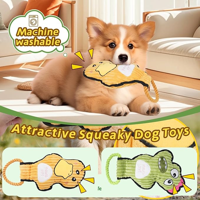 2-Pack Squeaky Dog Toys & Tough Tug of War Set - No Stuffing Chew-Resistant Plush Toys to Keep Them Busy, Best Birthday Gift for Small/Medium/Large Breeds (Ducks & Dino)