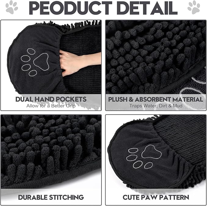 Newwiee 4 Pcs Large Dog Towels for Drying Dogs with Hand Pocket Microfiber Shammy Towel 32 x 14 in Dog Bath Towel Absorbent, Quick Drying, Machine Washable for Pet Puppy Clean Shower Supplies(Black)
