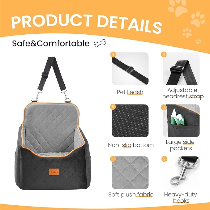 Dog Car Seat for Small Dog, Booster Seat for Dogs Under 30lb, Elevated Pet Seat with Pockets, Anti-Slip Bed for Car, Perfect for Front & Back Seats with Safety Leash (Black/Grey, Medium)