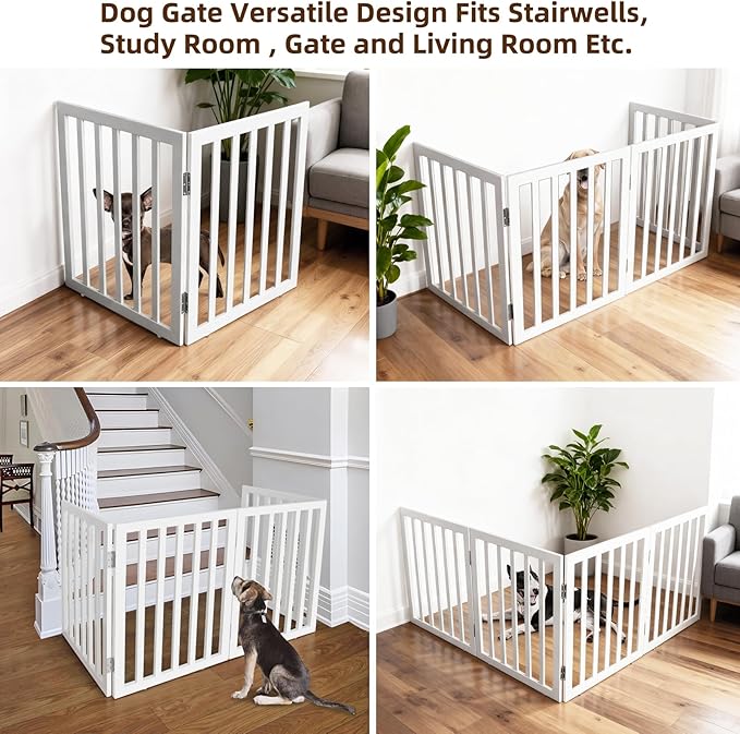 ZJSF Freestanding Indoor Dog Gate for House Foldable Wood White Puppy Gate for Doorways Pet Gate for Stairs Extra Wide Pet Fence 24" Height 2 Panels
