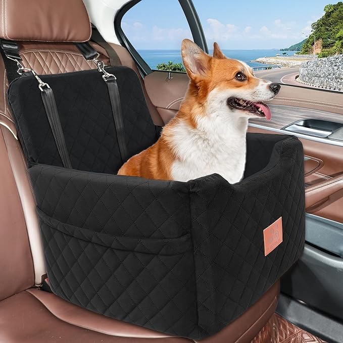 Dog Car Seat for Small/Medium Dogs Under 35lbs,Memory Foam Dog Booster Seats,Detachable and Washable Traval Pet Car Seat,Dogs Bed with 2 Safety Belts(Balck)