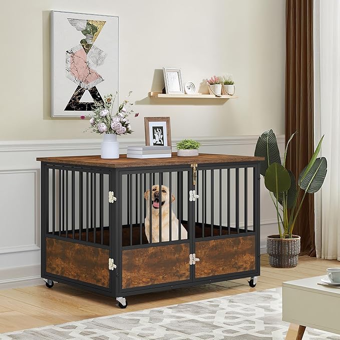 YITAHOME 43" Dog Crate Furniture with Wheels, Wooden Side End Table, Double-Doors Dog Kennel Indoor for Small/Medium/Large Dogs, Escape Proof Dog House Dog Cage, Rustic Brown