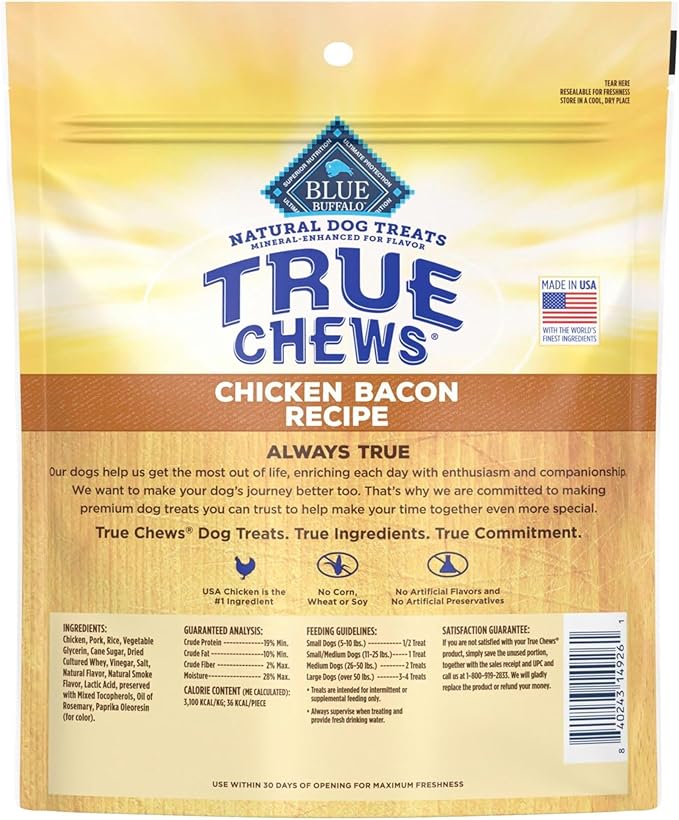 Blue Buffalo True Chews Dog Treats, Made in the USA with Natural Ingredients, Chicken Bacon Recipe, 12-oz Bag