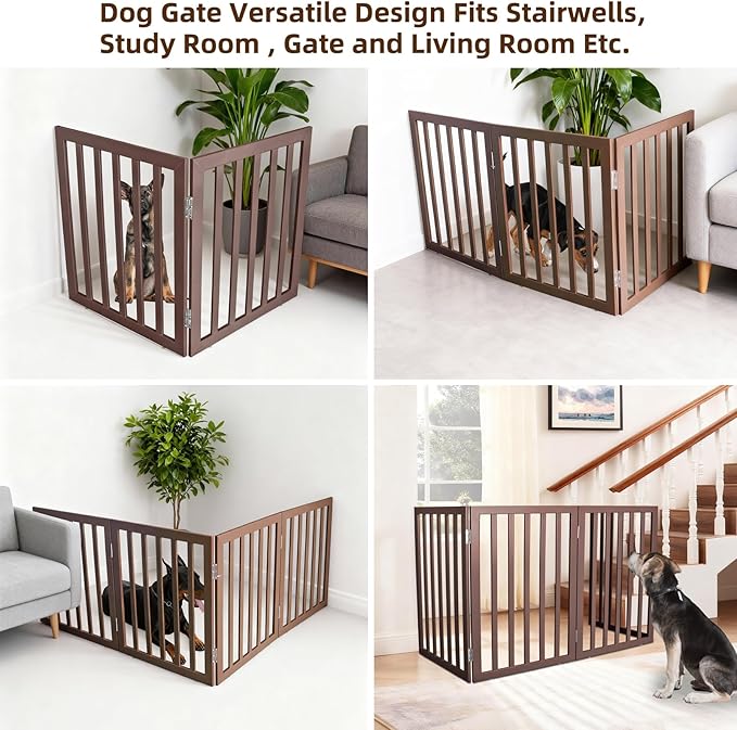 ZJSF Freestanding Indoor Dog Gate for House Foldable Wood Brown Puppy Gate for Doorways Pet Gate for Stairs Extra Wide Pet Fence 32" Height 2 Panels