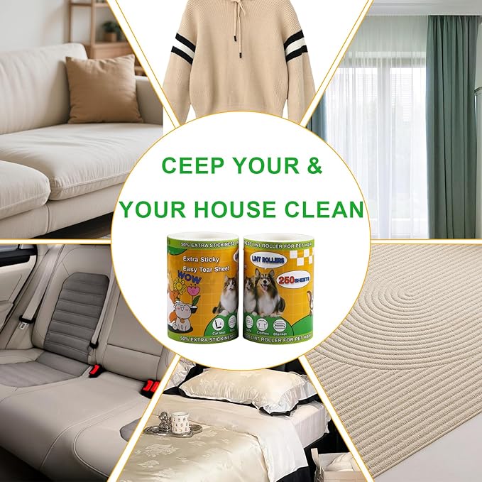 Lint Roller for Pet Hair 500 Sheets Extra Sticky Pet Hair Remover for Clothes Furniture Carpet Cleaner Cars Dogs Travel-Friendly Grip Handle White